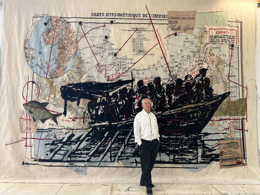 William Kentridge in front of Refugee Ship